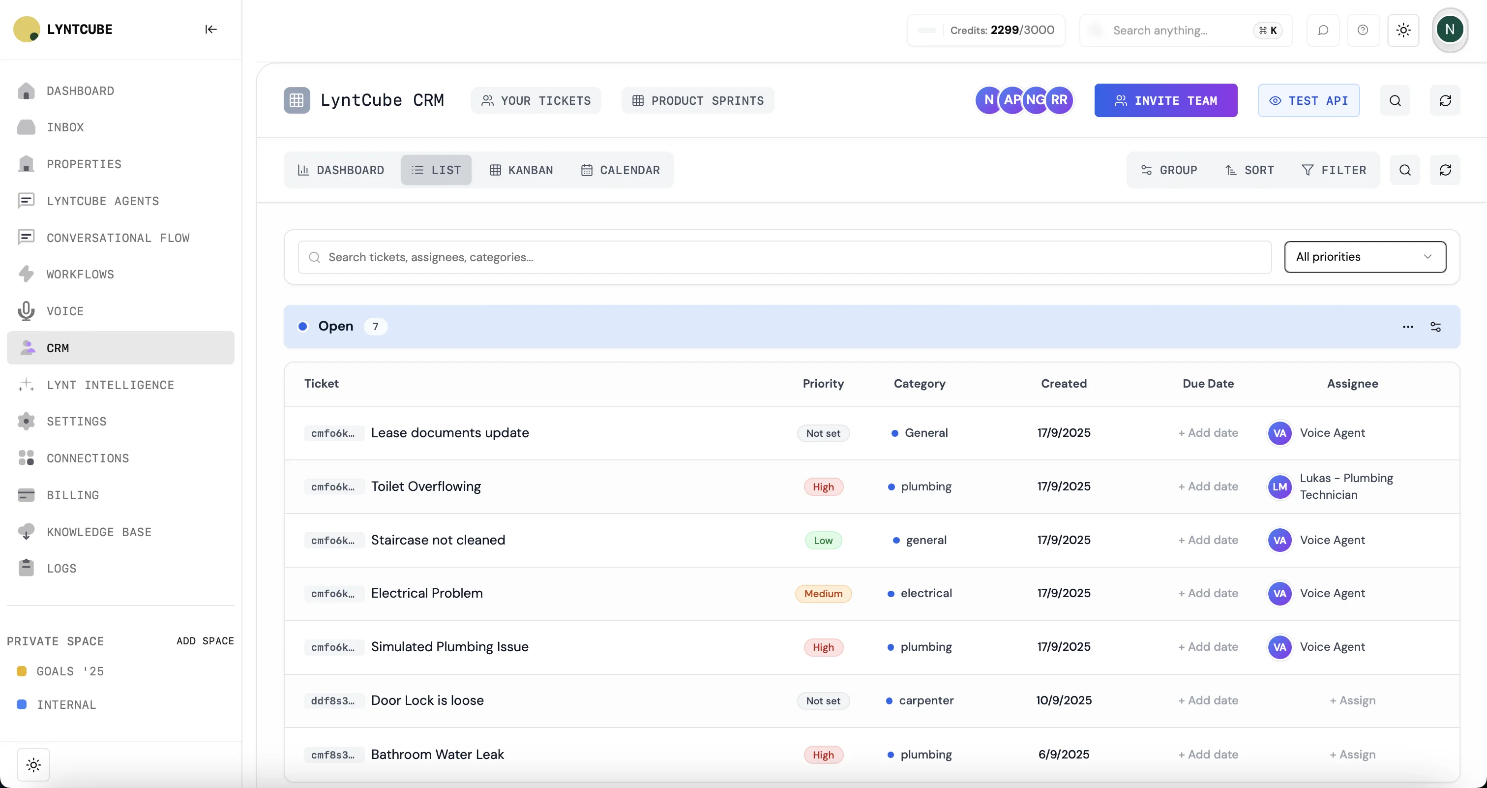LyntCube CRM and tenant management dashboard